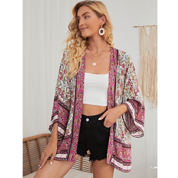 Floral Boho Kimono Style Open Coverup Batwing Sleeve - Picture 9 of 14